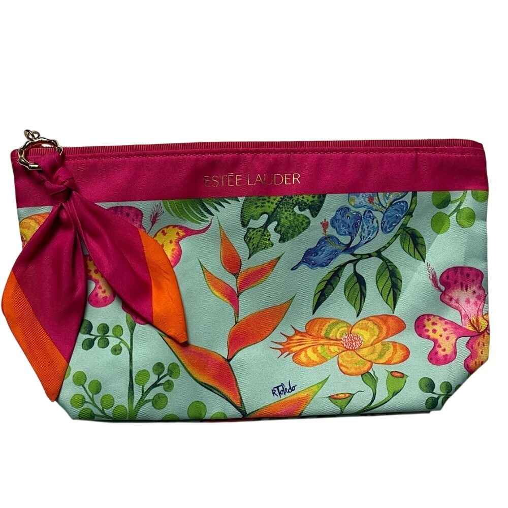 Estée Lauder Floral Cosmetic Bag Scarf Zipper Pull NEW